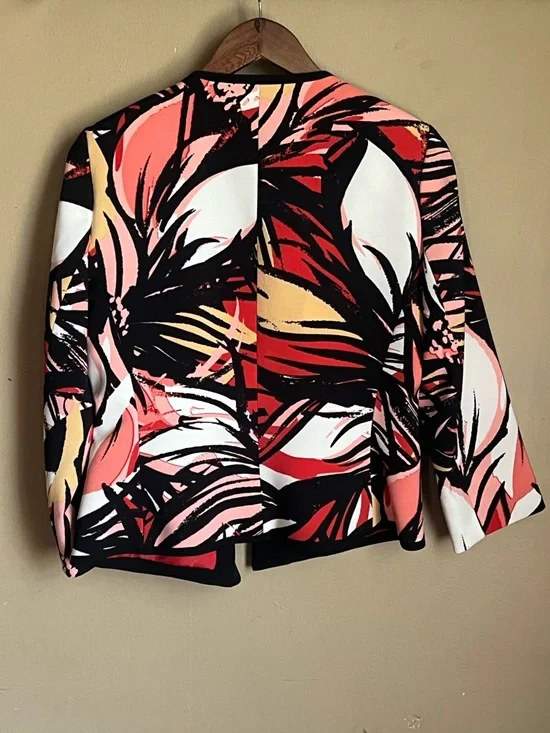 Kasper Black Floral-Print Open Front Blazer with Coral & White Accents - Picture 4 of 5